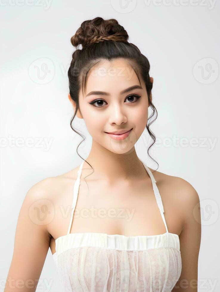 AI generated Portrait of beautiful Japanese woman with braided hair wearing ballet dress, isolated white background, AI Generative photo