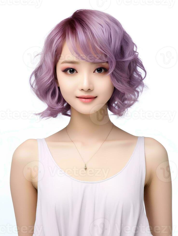 AI generated Portrait of beautiful young Japanese woman with short wavy purple hair on isolated white background, AI Generative photo