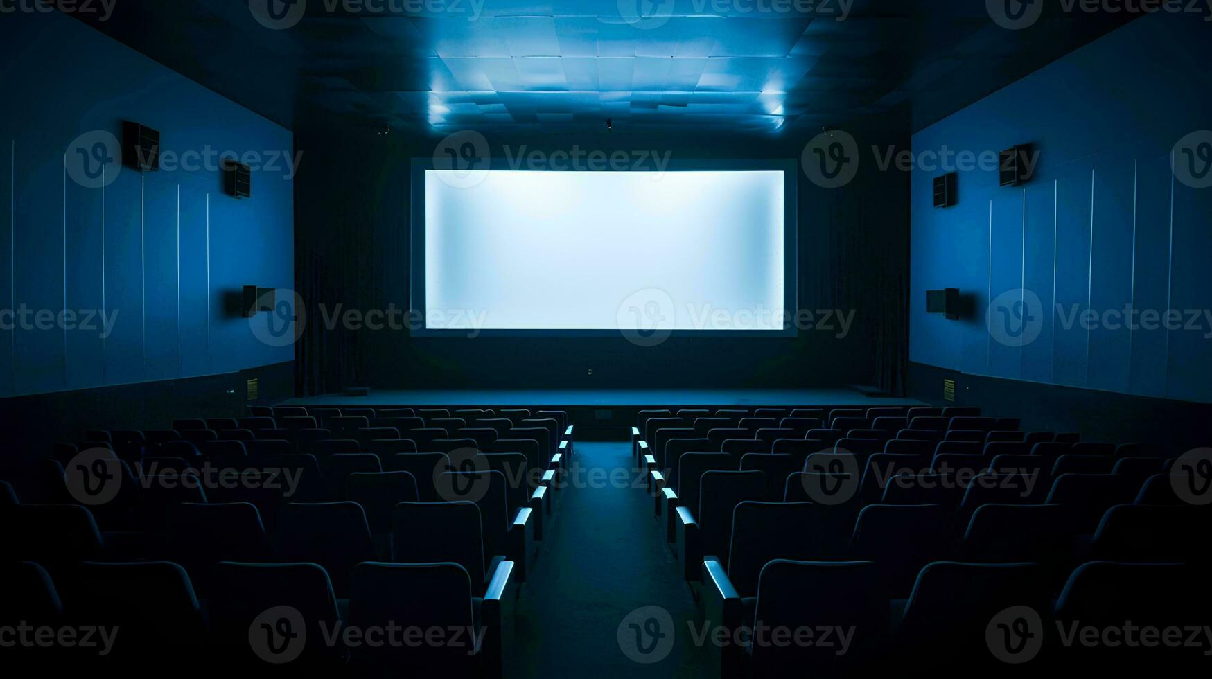 AI generated Empty cinema blue lights with empty white screen photo