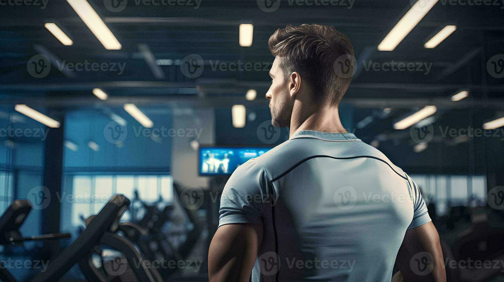 AI generated side view portrait of a sportsman looking at training equipment, with a gym in the background photo