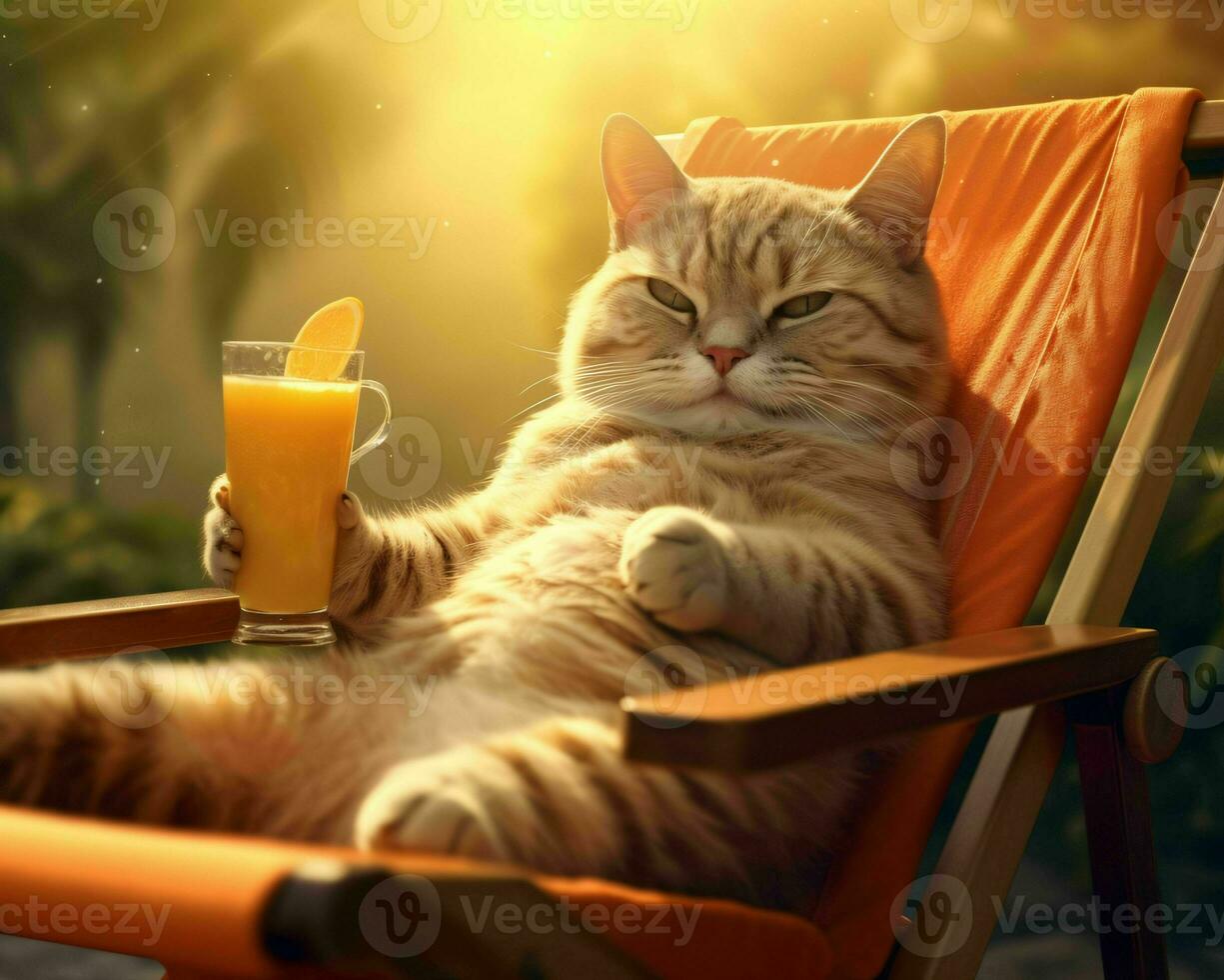 AI generated Orange Cat Chilling and Lying on a Sun Lounger Enjoying Orange Juice with Sunshine. Generative AI photo