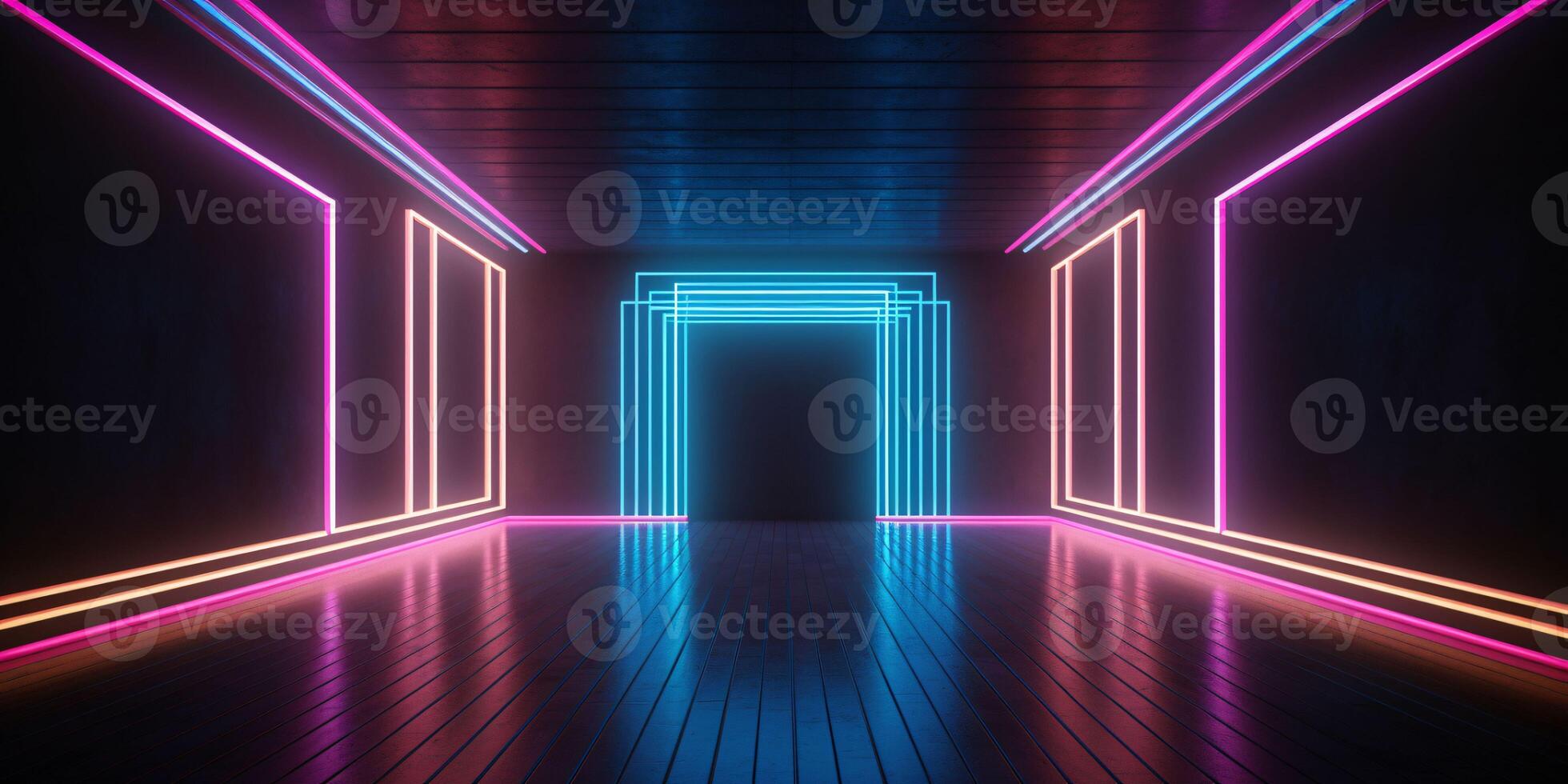 AI generated Modern Dark Room with Glowing Neon Lines with Retro 80s Style. Futuristic Interior with Laser Effect. Generative AI photo