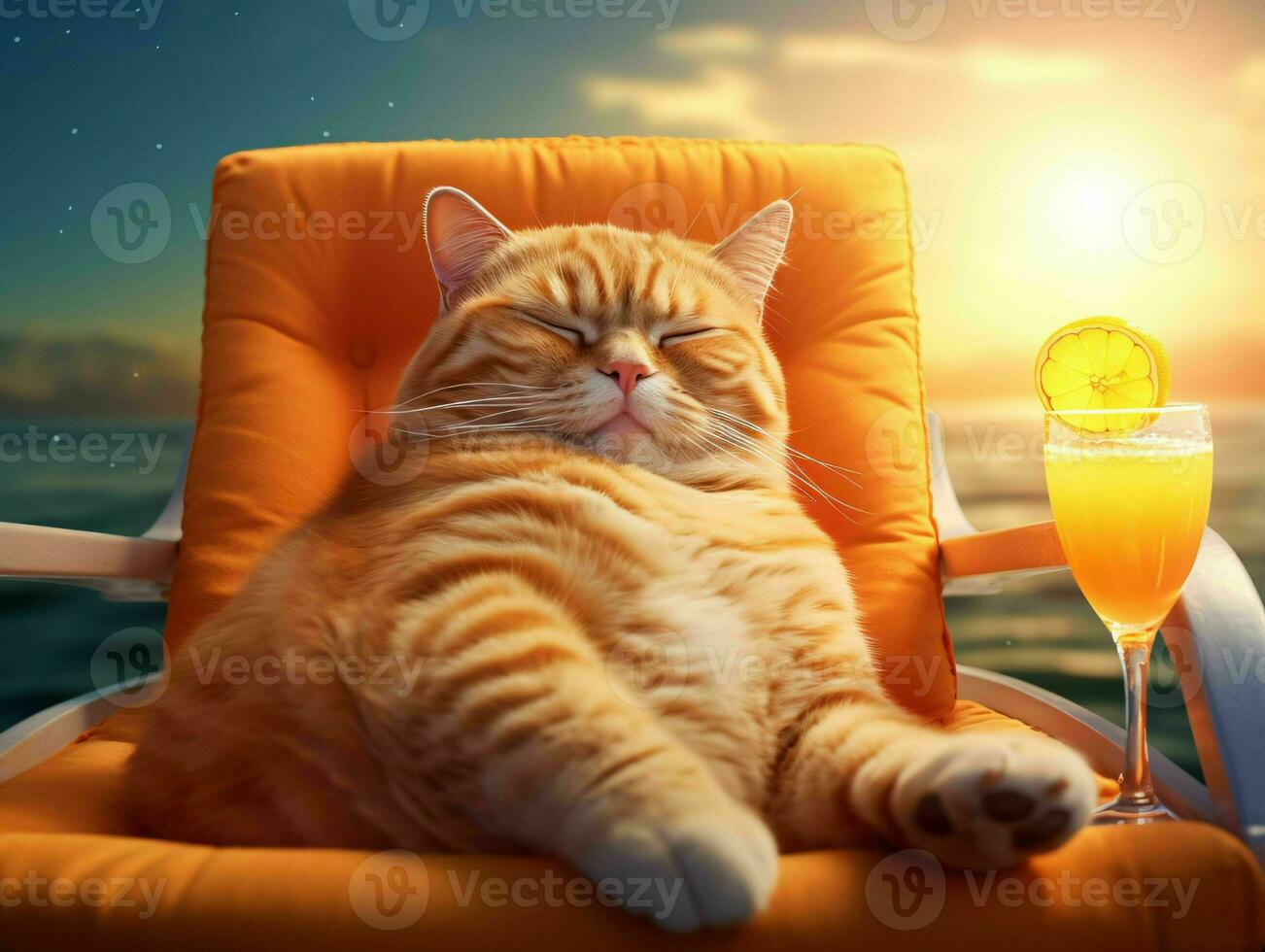 AI generated Orange Cat Chilling and Lying on a Sun Lounger Enjoying Orange Juice with Sunshine. Generative AI photo