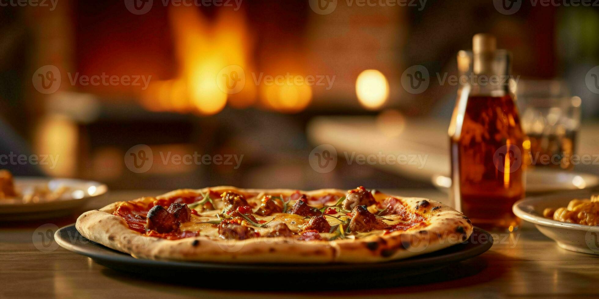 AI generated Tasty Pizza on Wooden Table with Blurred Fancy Background. Generative AI photo