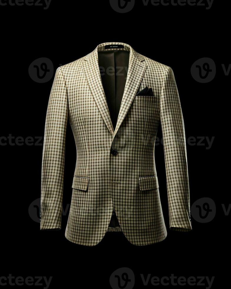 AI generated Elegant Beige Men's Suit with Gingham Motif Isolated on Black Background. Generative AI photo