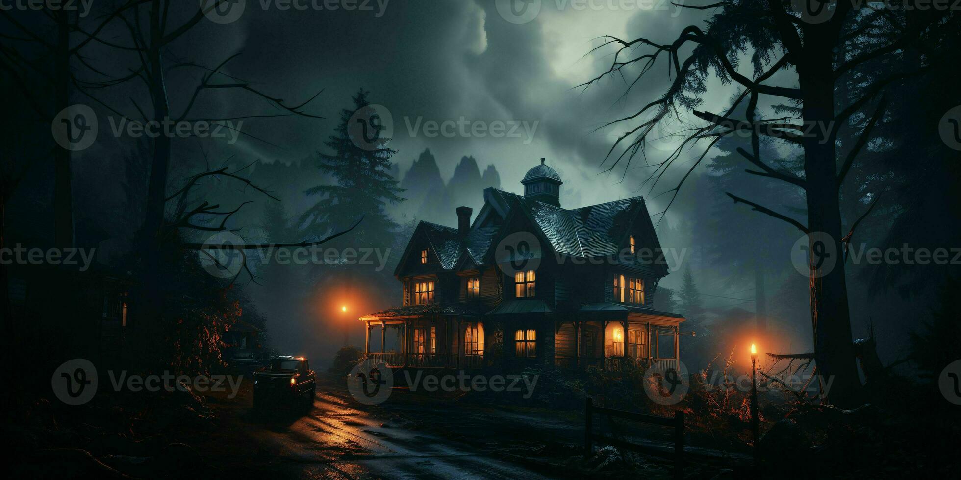 AI generated Scary House in the Forest with Spooky Trees. Horror Background. Generative AI photo