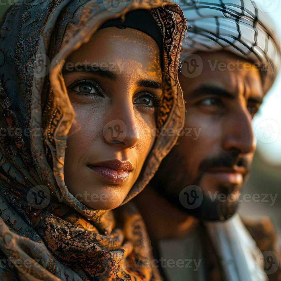 AI generated Portrait of a Middle Eastern Muslim Couple in Traditional Dress. Generative Ai photo