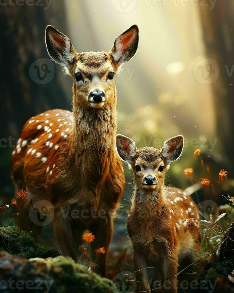 AI generated Deer and Fawn With a Blurry Forest Background. Generative AI photo