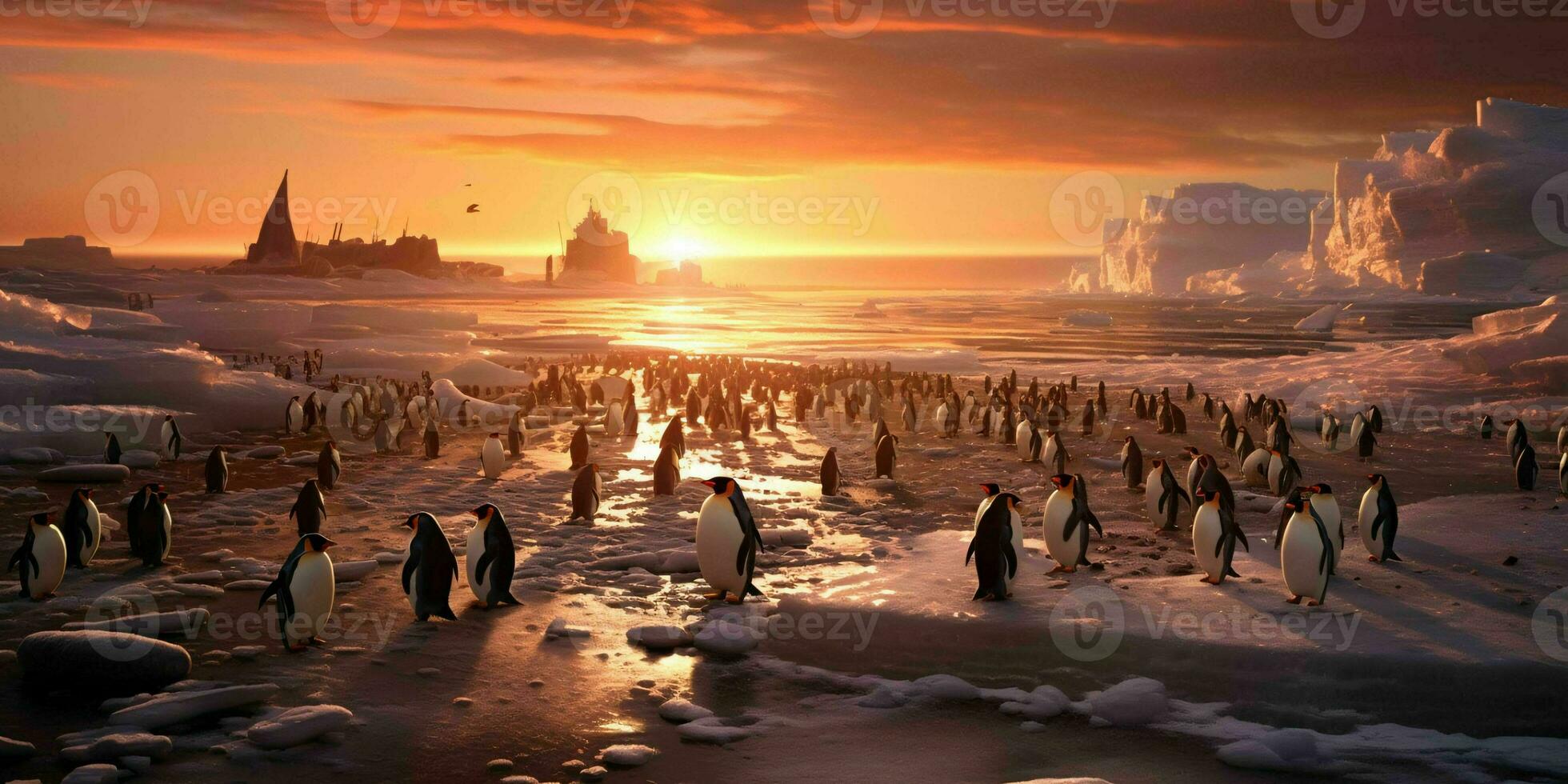 AI generated Penguin Colony on the Beach with Beautiful Sunset View. Generative AI photo