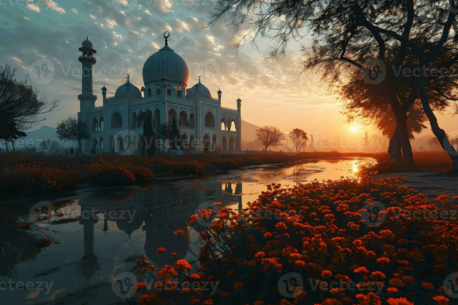 AI generated A Magnificent Mosque with a Beautiful Sky View at Sunset. Generative AI photo