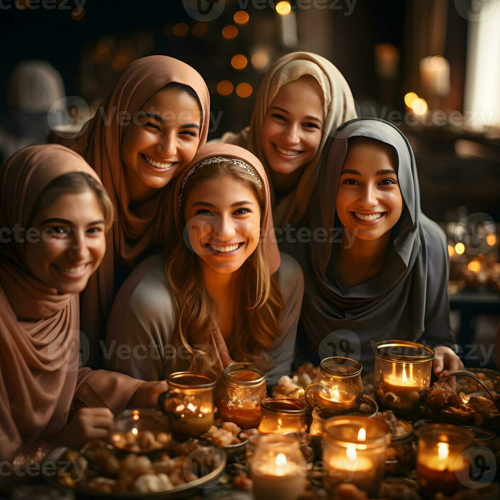 ai generado musulmán familia y amigos reunión durante Ramadán con delicioso platos en el mesa. iftar cena. generativo ai foto