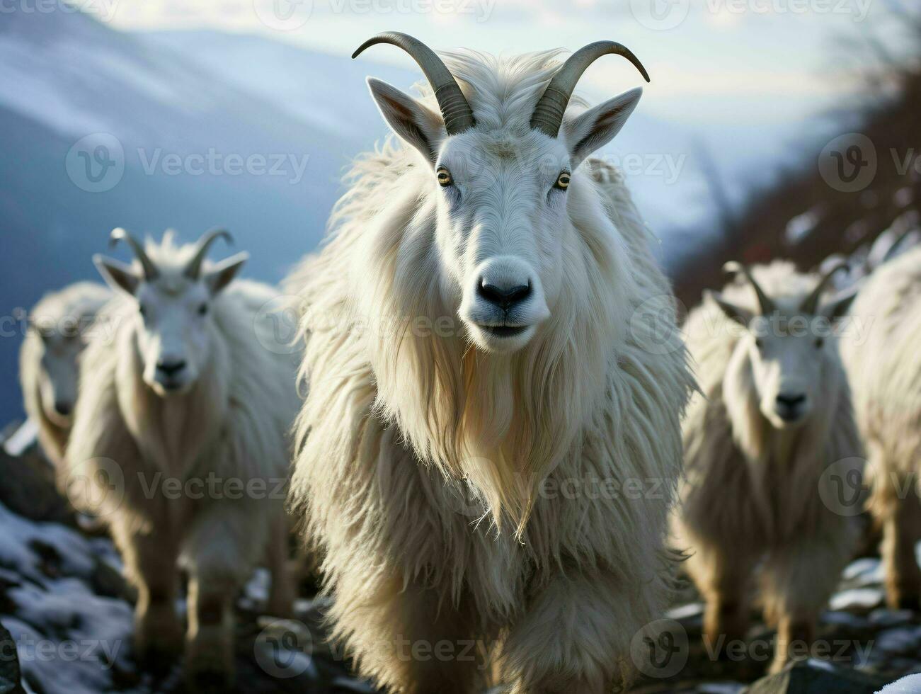 ai generado manada de montaña cabras en un rocoso colina. generativo ai foto