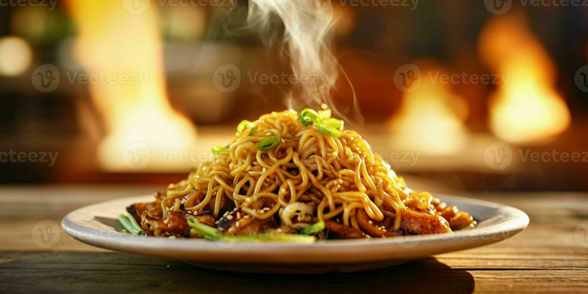 AI generated Delicious Fried Noodle with Smoky Effect on a Wooden Table. Generative AI photo