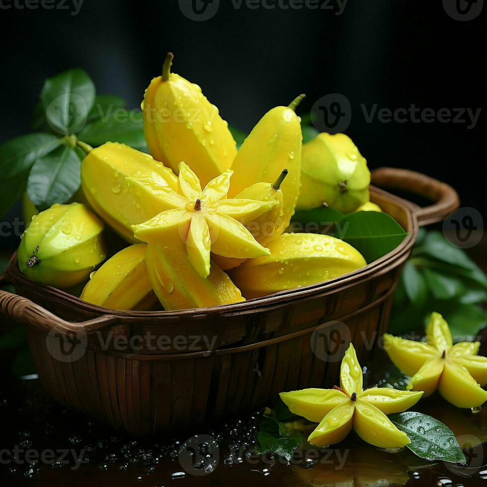 AI generated Fresh Carambola Fruit with Water Drops. Star Fruit. Generative AI photo