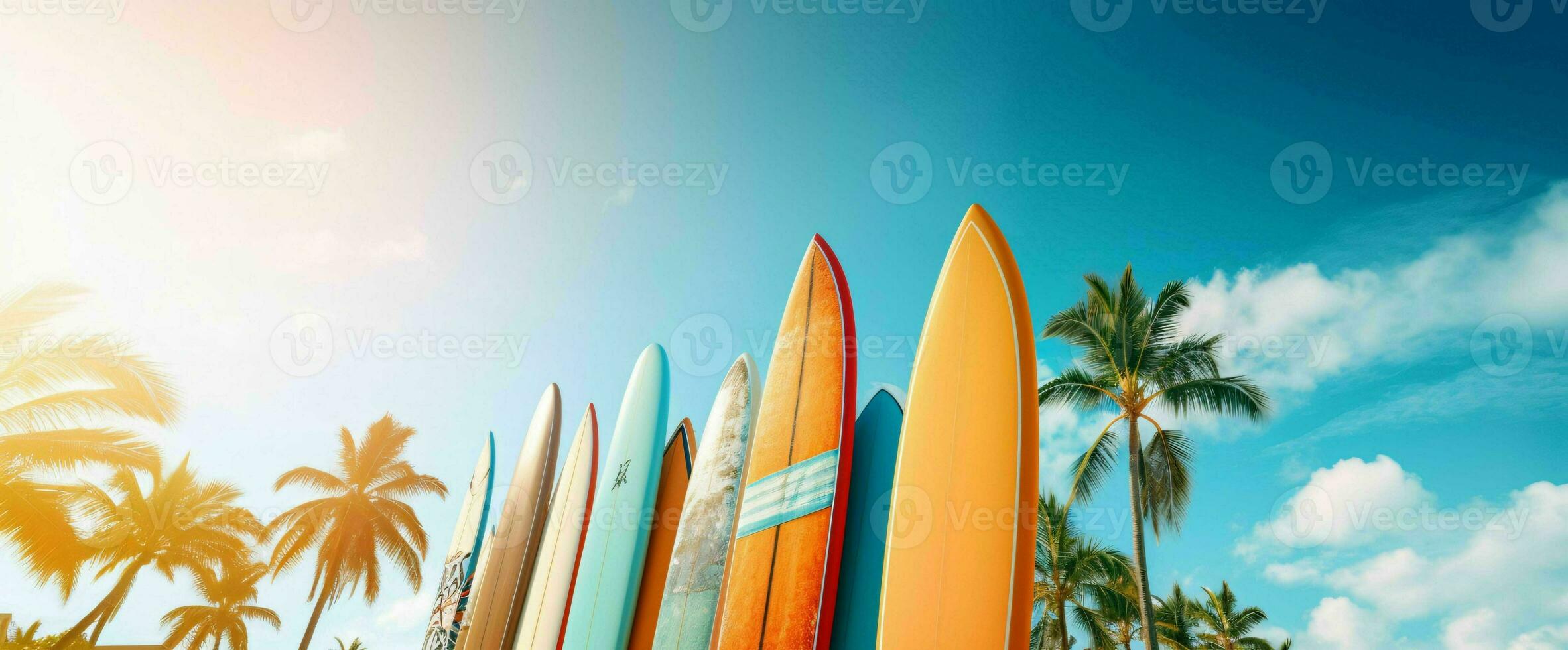 ai generado tabla de surf en el playa con azul cielo vista. generativo ai foto