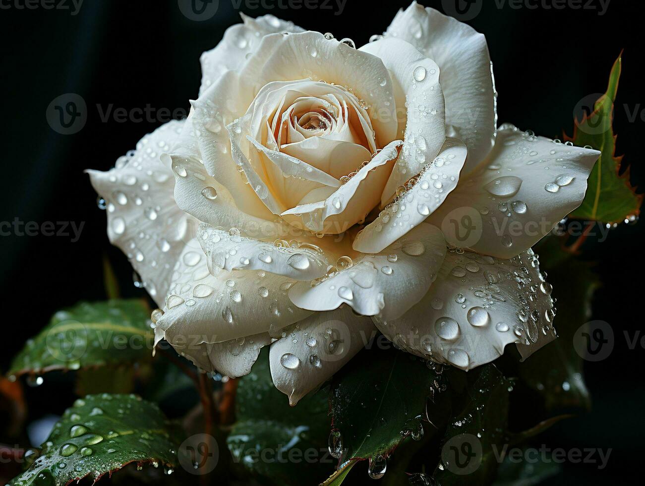 AI generated Blooming White Rose with Water Droplets on it Isolated on Black Background. Rose Close Up. Generative AI photo