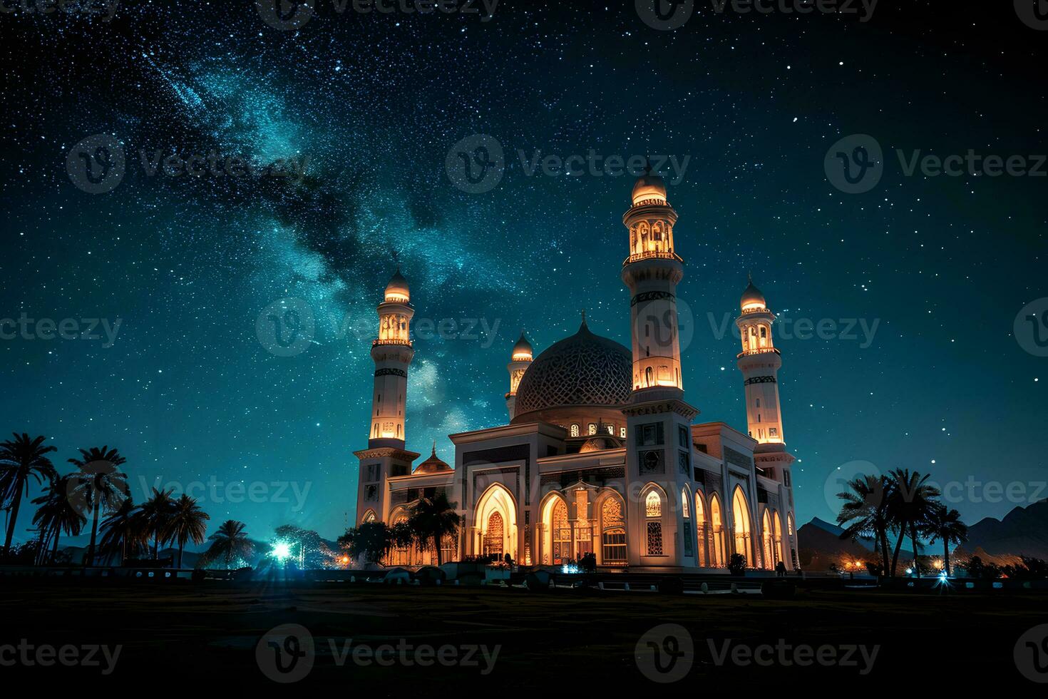 AI generated A Magnificent Mosque with a Beautiful Sky View at Sunset. Generative AI photo