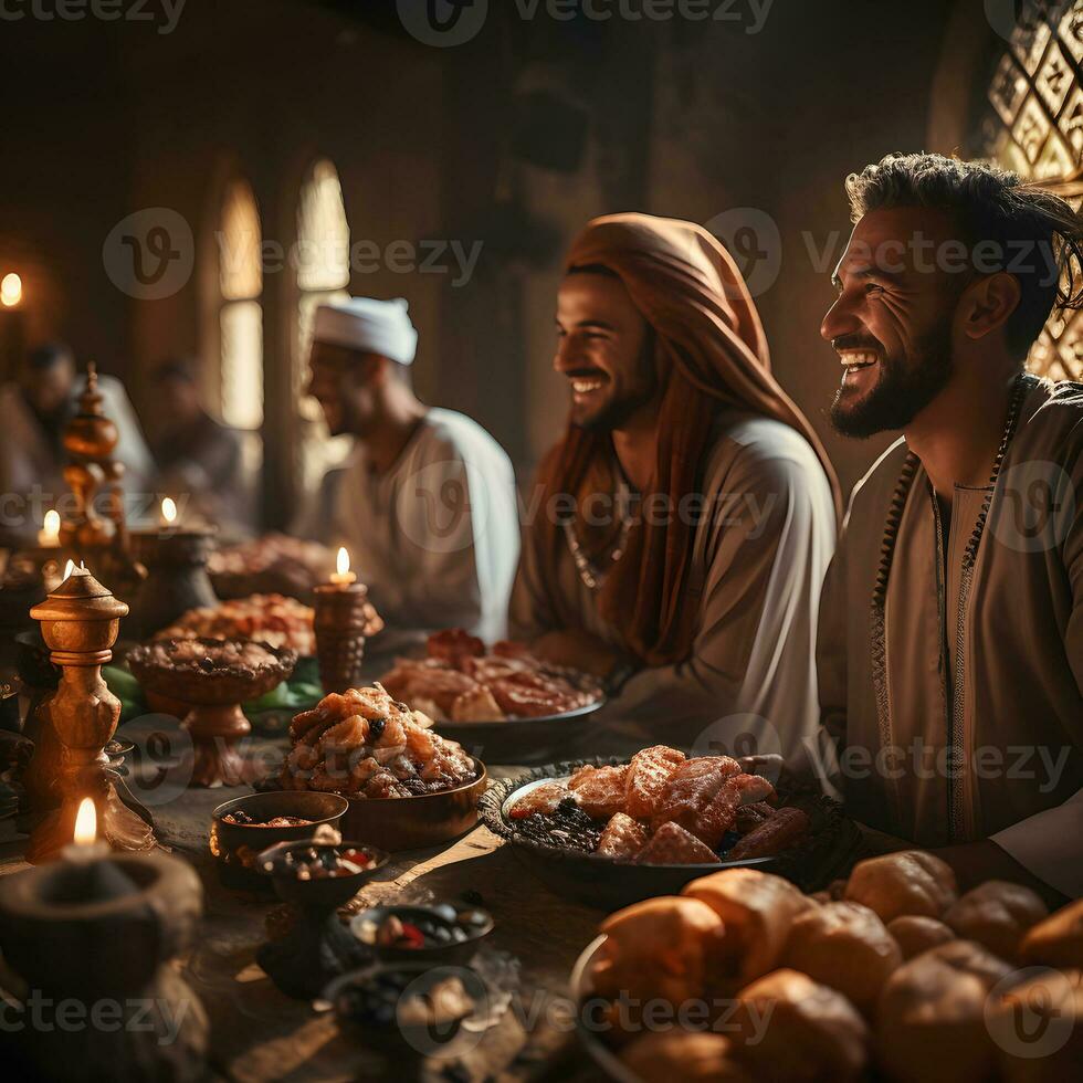 ai generado musulmán familia y amigos reunión durante Ramadán con delicioso platos en el mesa. iftar cena. generativo ai foto