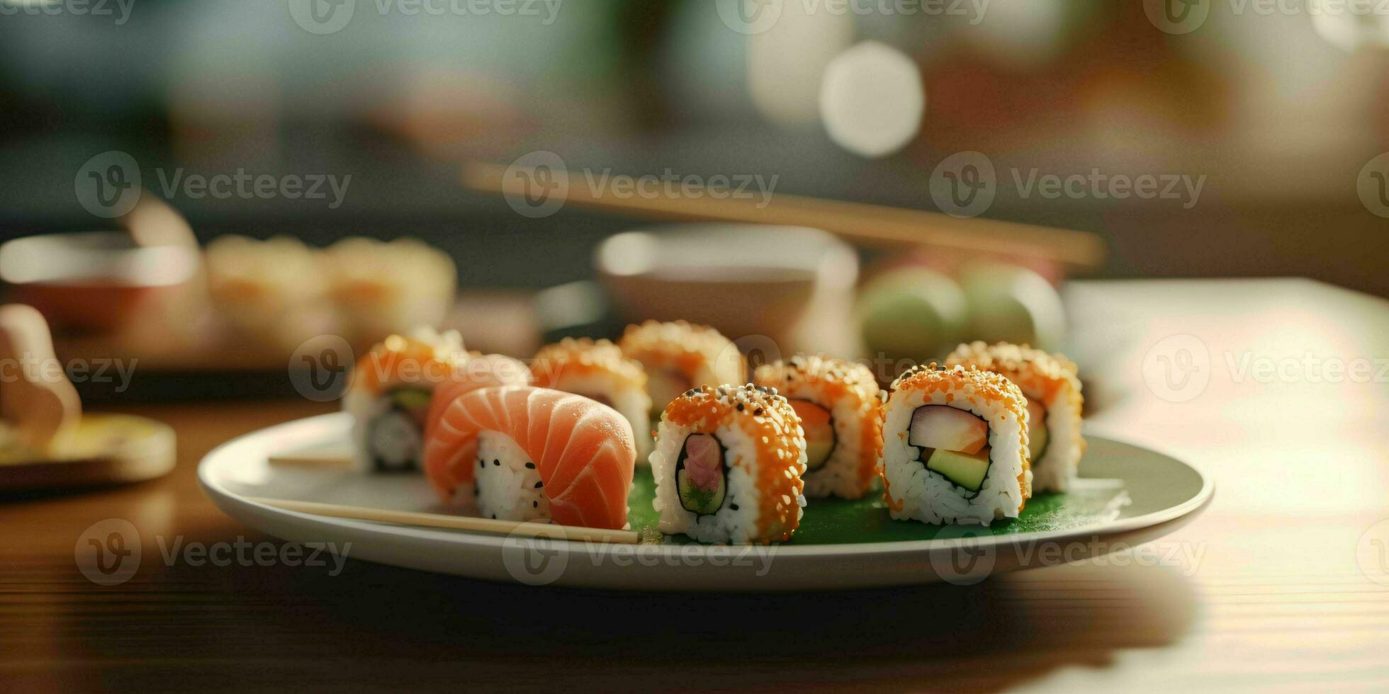 ai generado delicioso Sushi rollos servido en un lámina. generativo ai foto