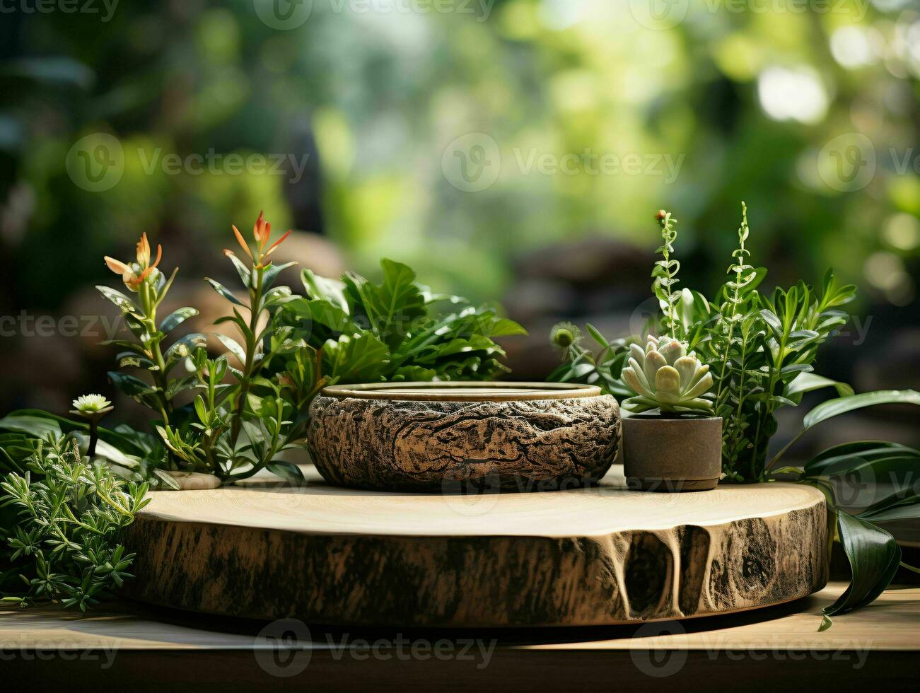 AI generated Wooden Product Display Podium with Nature Background. Natural Product Placement Pedestal Stand. Generative AI photo