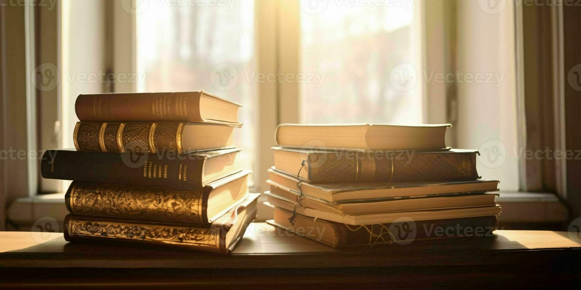 AI generated Stack of Books on a Wooden Table with Window and Sunlight in the Background. Generative AI photo