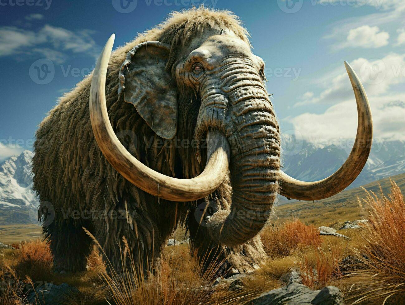 AI generated A Woolly Mammoth with Vast Pastures and Mountains Background. Generative AI photo
