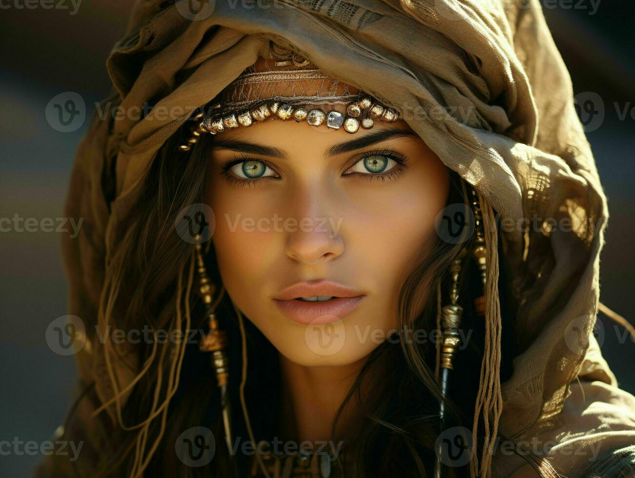 ai generado retrato de hermosa velado árabe mujer con Desierto antecedentes. cerca arriba de medio oriental mujer con hermosa ojos. generativo ai foto