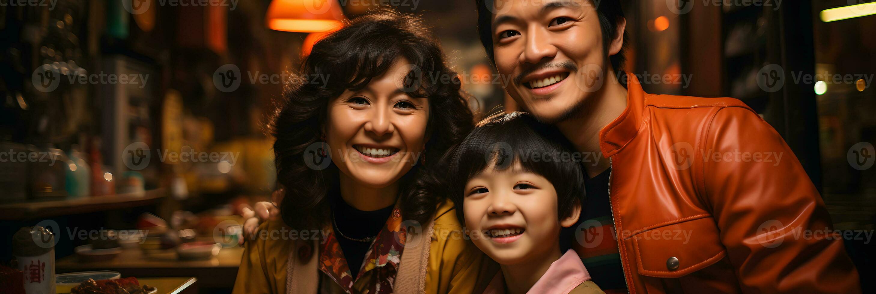 AI generated Portrait of a Small Happy Asian Family in Retro Fashion Style. Generative Ai photo