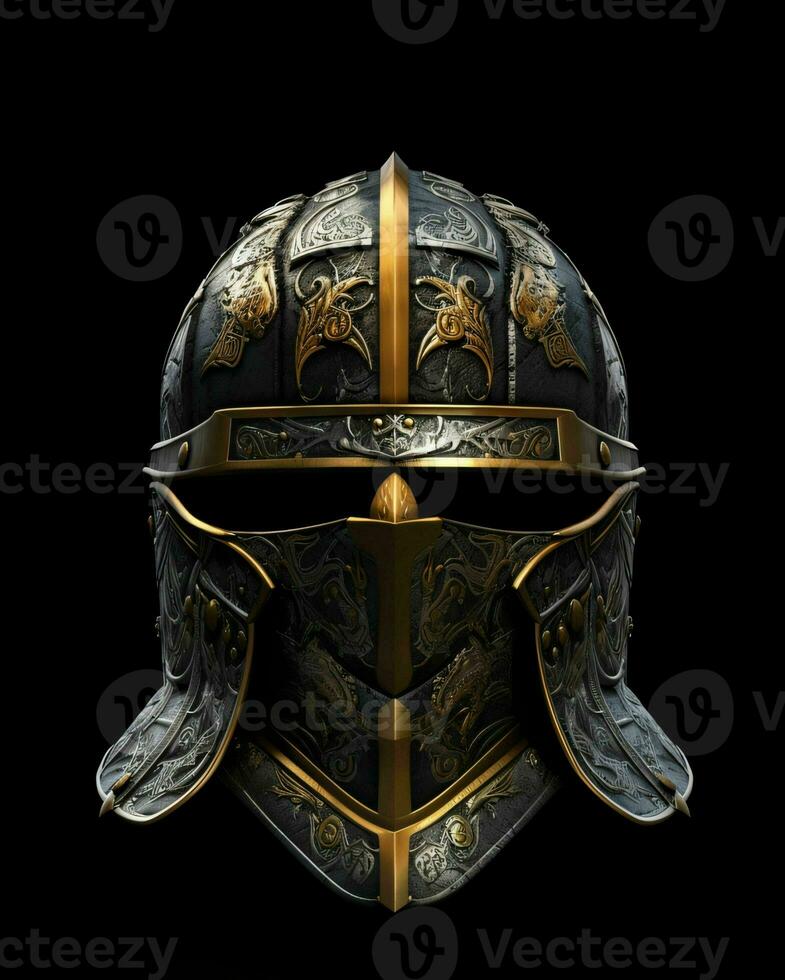 AI generated Iron Medieval War Helmet Isolated on Black Background. Generative AI photo