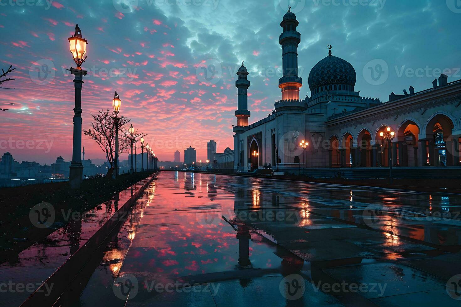 AI generated A Magnificent Mosque with a Beautiful Sky View at Sunset. Generative AI photo