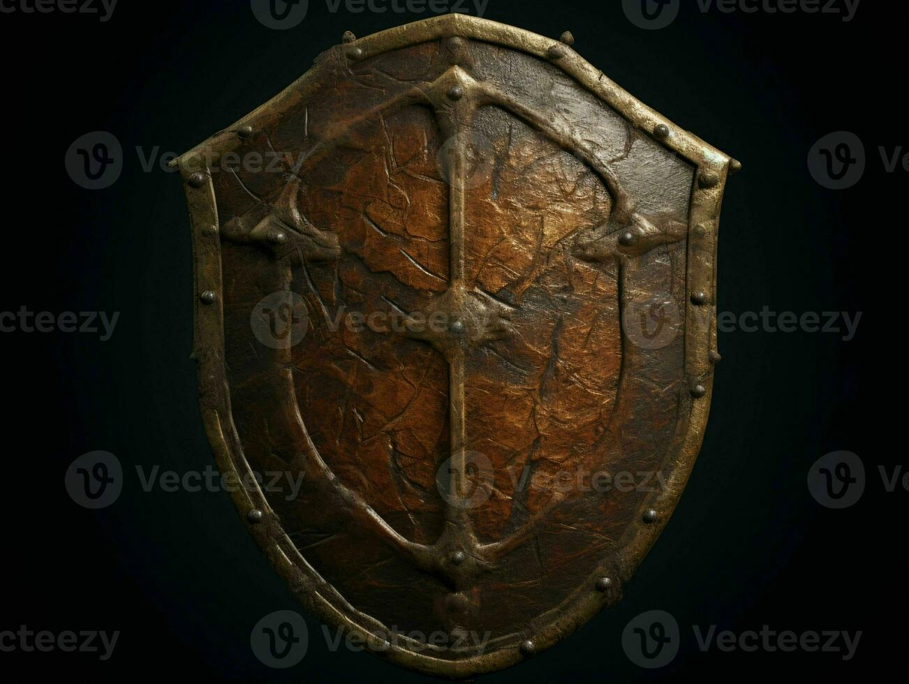 AI generated Rusty Medieval Shield with War Torn Effect Isolated on Black Background. Generative AI photo