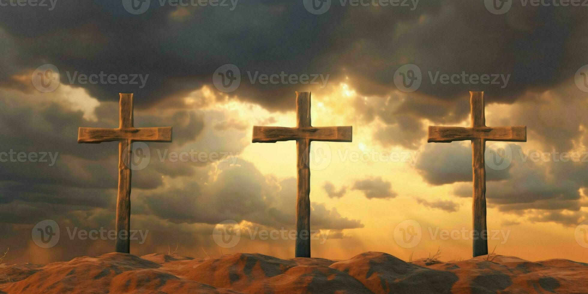 AI generated Three Crosses on a Rocky Desert Hill. Resurrection Of Jesus Christ. Generative AI photo