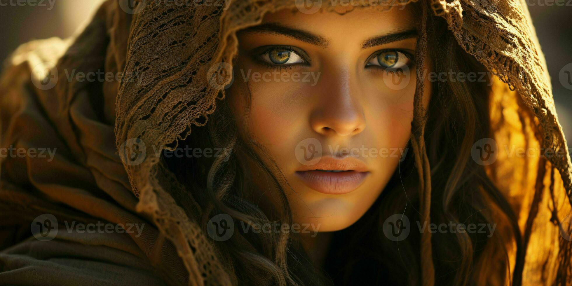 AI generated Portrait of Beautiful Veiled Arab Women with Desert Background. Close up of Middle Eastern Women with Beautiful Eyes. Generative AI photo