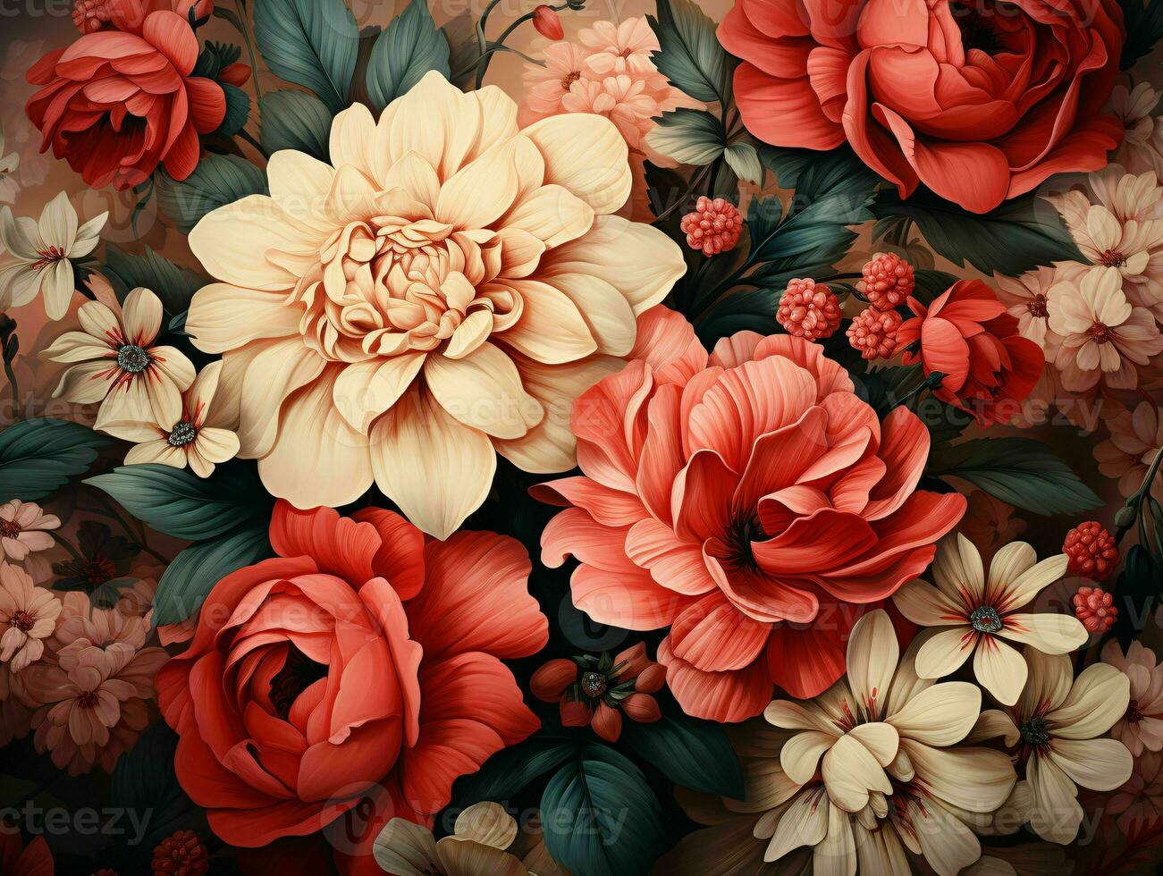 AI generated Beautiful Blooming Flowers Illustration in Vintage Art Style. Exotic Floral Background. Generative AI photo