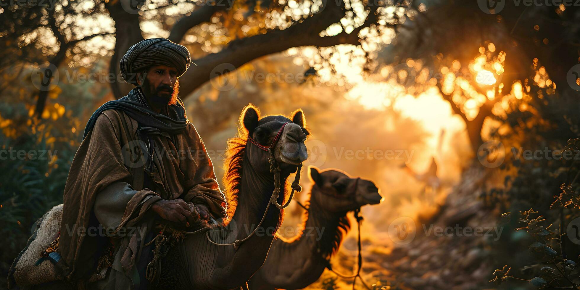 AI generated Middle eastern man with his camels in the desert at sunset. Generative Ai photo