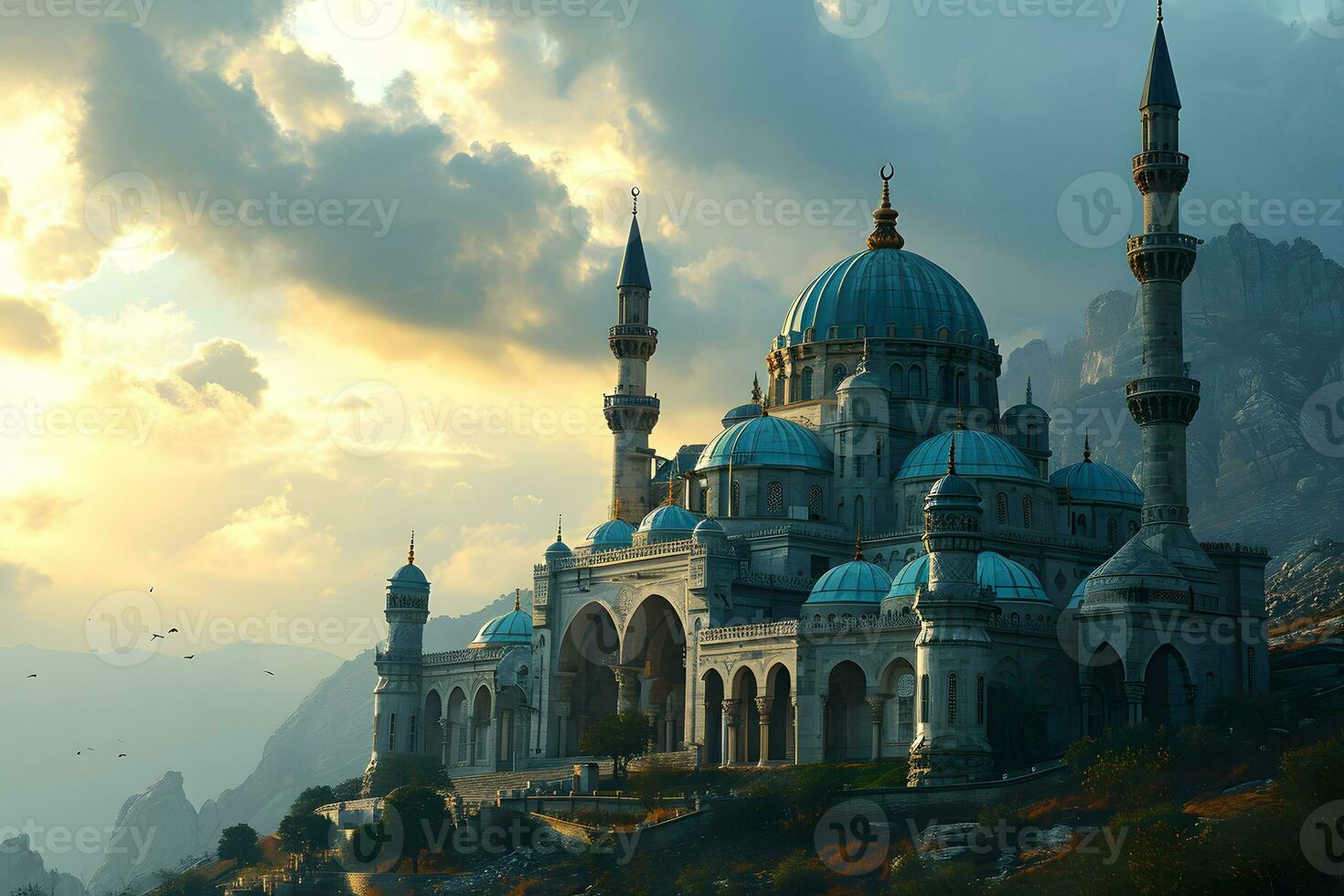 AI generated A Magnificent Mosque with a Beautiful Sky View at Sunset. Generative AI photo
