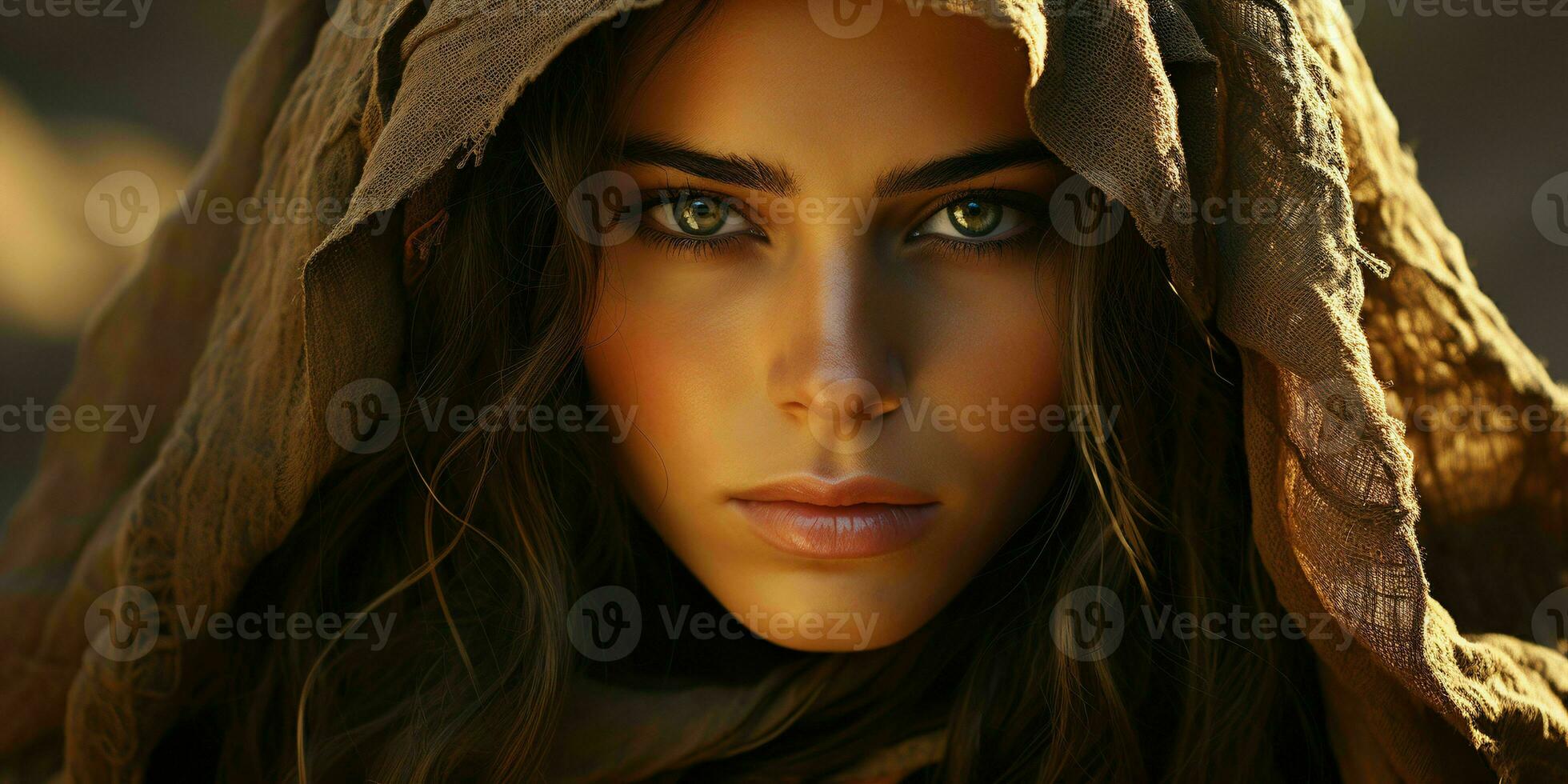 ai generado retrato de hermosa velado árabe mujer con Desierto antecedentes. cerca arriba de medio oriental mujer con hermosa ojos. generativo ai foto