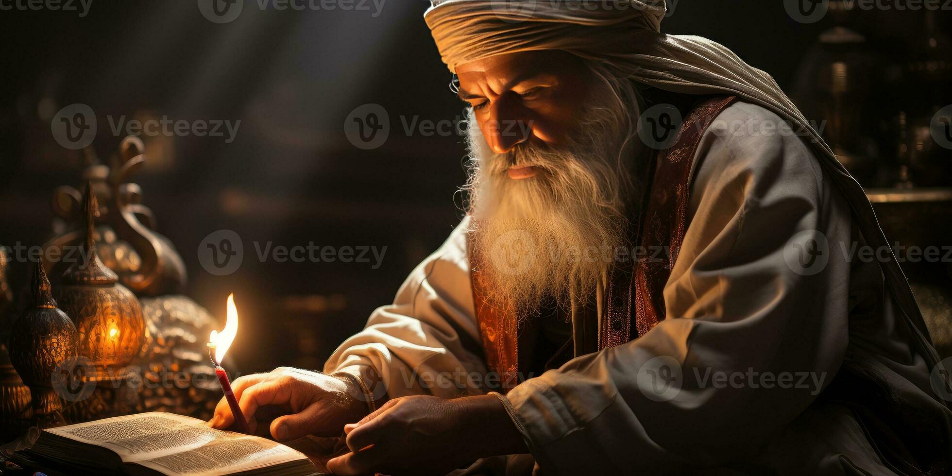 AI generated An elderly Muslim man reads the Al Quran by candlelight. Generative Ai photo