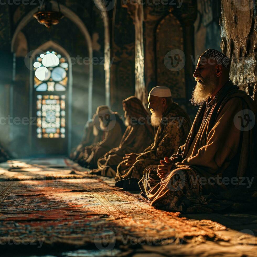 ai generado musulmán hombre Orando a un mezquita con luz de sol efecto. adorando dios. generativo ai foto