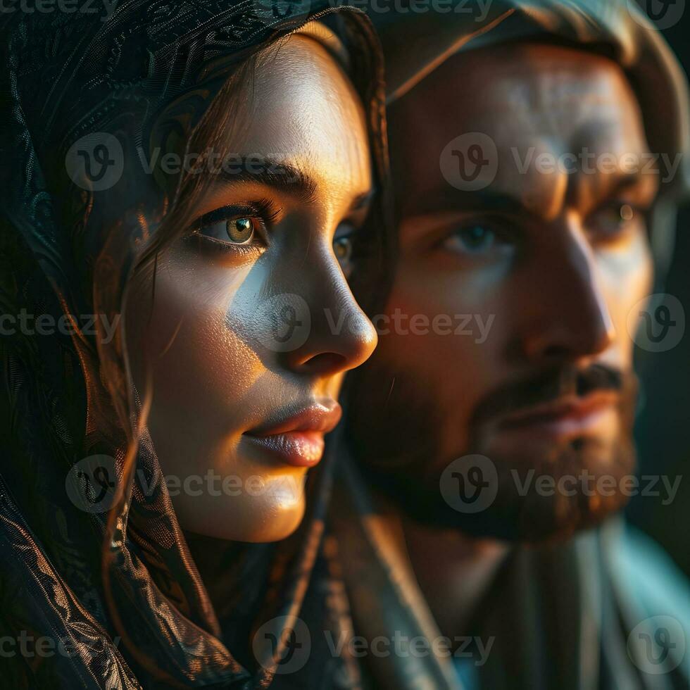 AI generated Portrait of a Middle Eastern Muslim Couple in Traditional Dress. Generative Ai photo