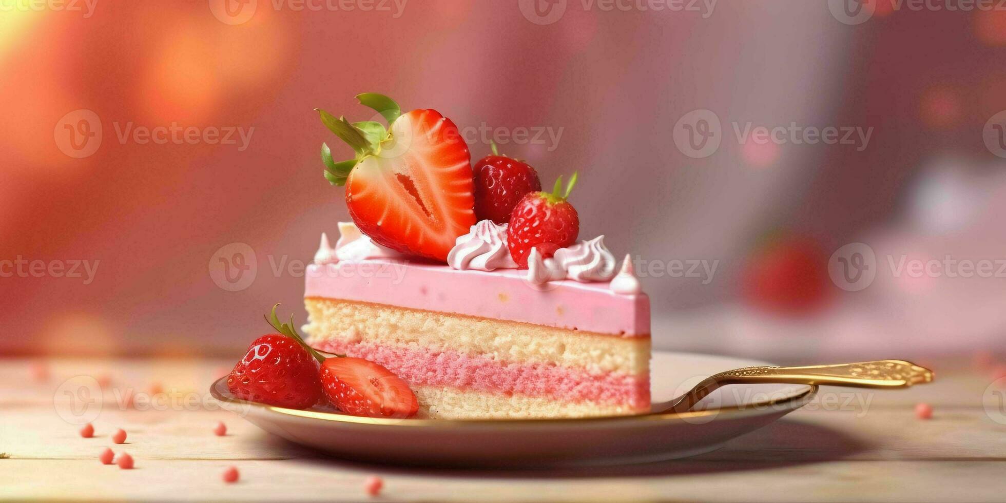 ai generado un rebanada de dulce rosado pastel con fresas y crema en cima. generativo ai foto