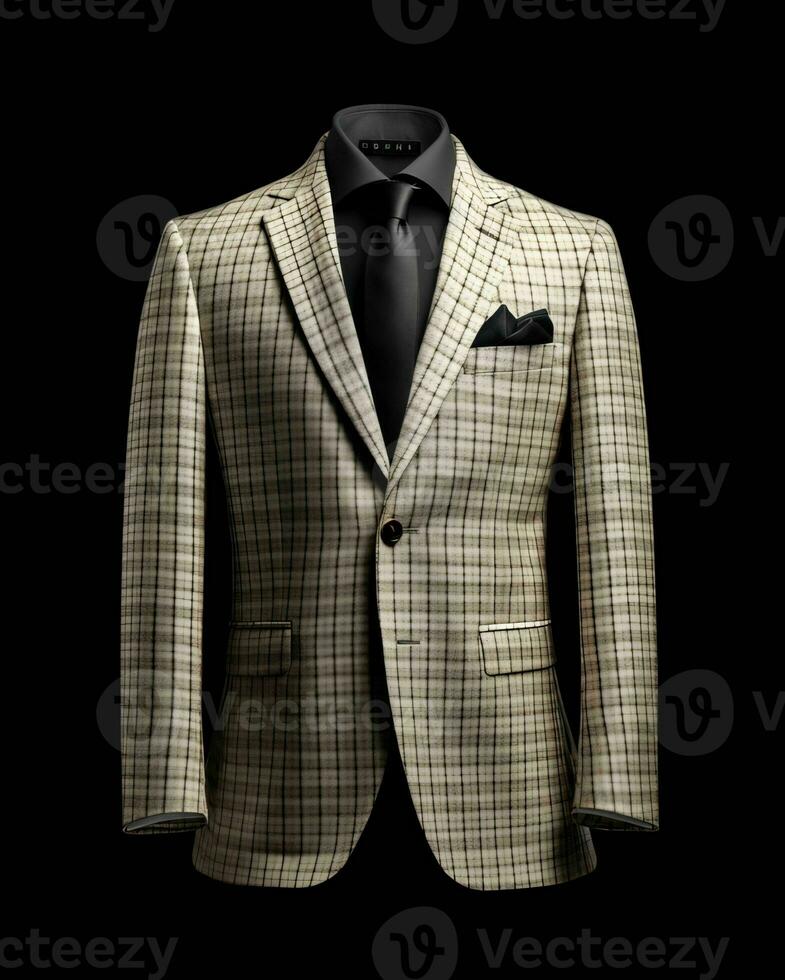 AI generated Elegant Beige Men's Suit with Gingham Motif Isolated on Black Background. Generative AI photo