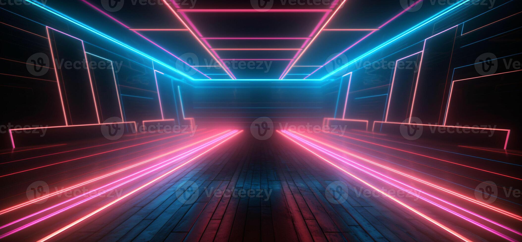 AI generated Modern Dark Room with Glowing Neon Lines with Retro 80s Style. Futuristic Interior with Laser Effect. Generative AI photo