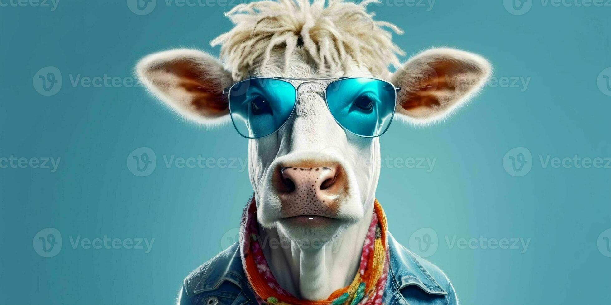 AI generated Portrait of Cool and Funny Cow Wearing Glasses in Studio Background. Generative AI photo