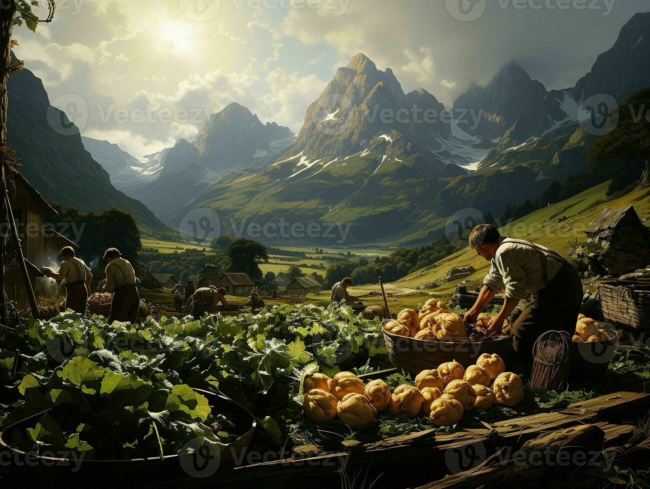 AI generated Farmers Harvest Potatoes in a Field with Mountain View. Generative AI photo