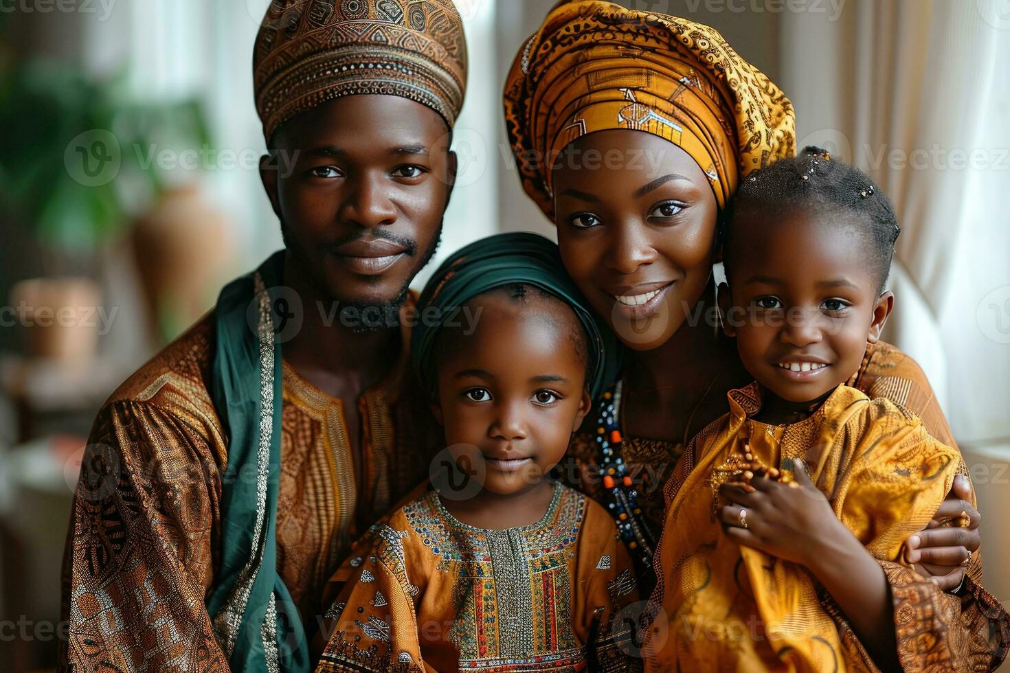 AI generated Portrait of a Happy African Muslim Family in Traditional Clothes. Generative AI photo