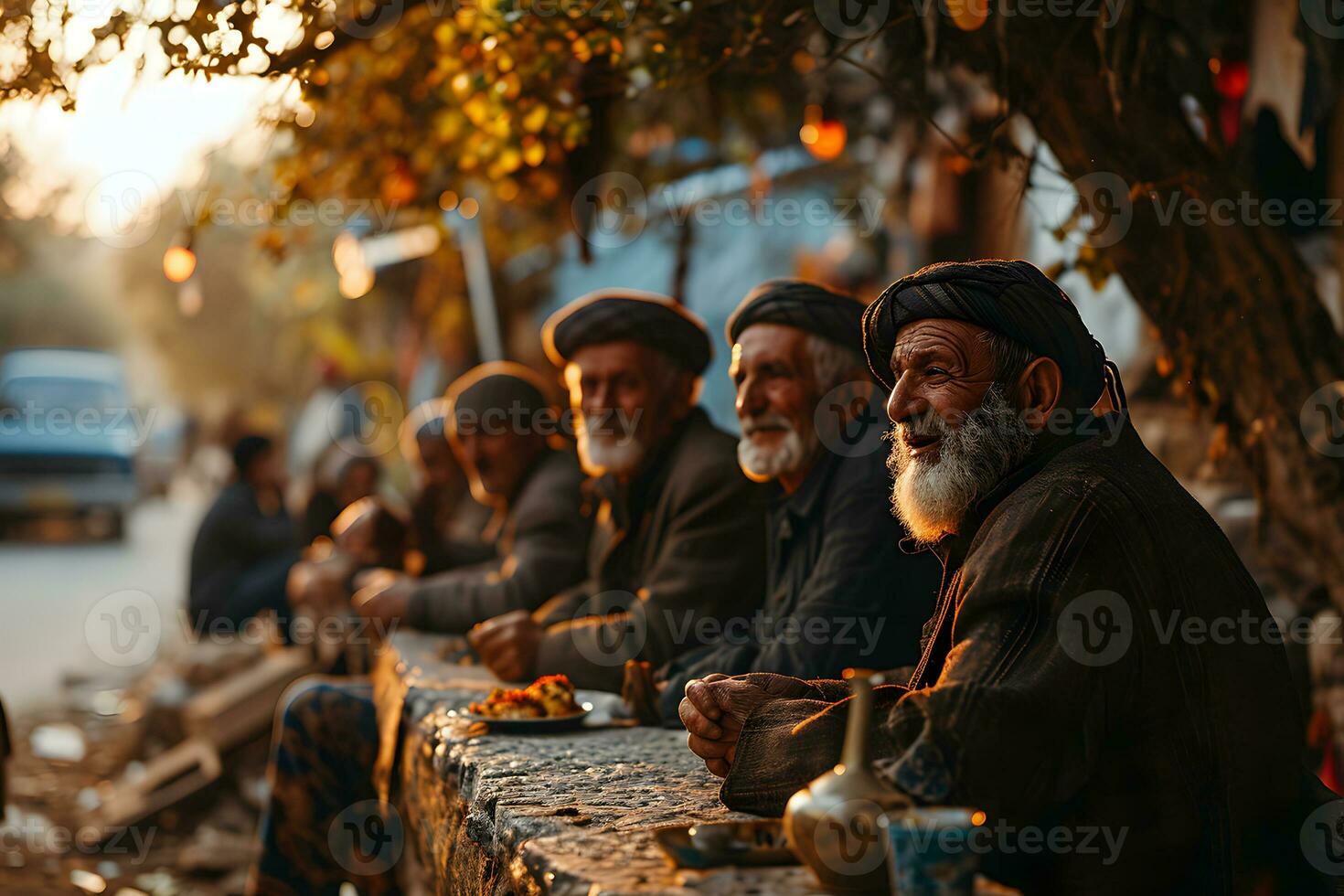 ai generado contento y alegre medio oriental antiguo hombre sentado y disfrutando un comida juntos al aire libre. generativo ai foto