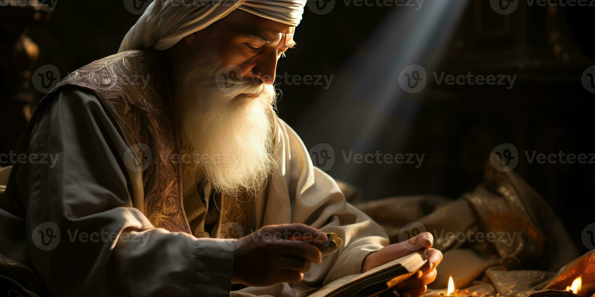 AI generated An elderly Muslim man reads the Al Quran by candlelight. Generative Ai photo