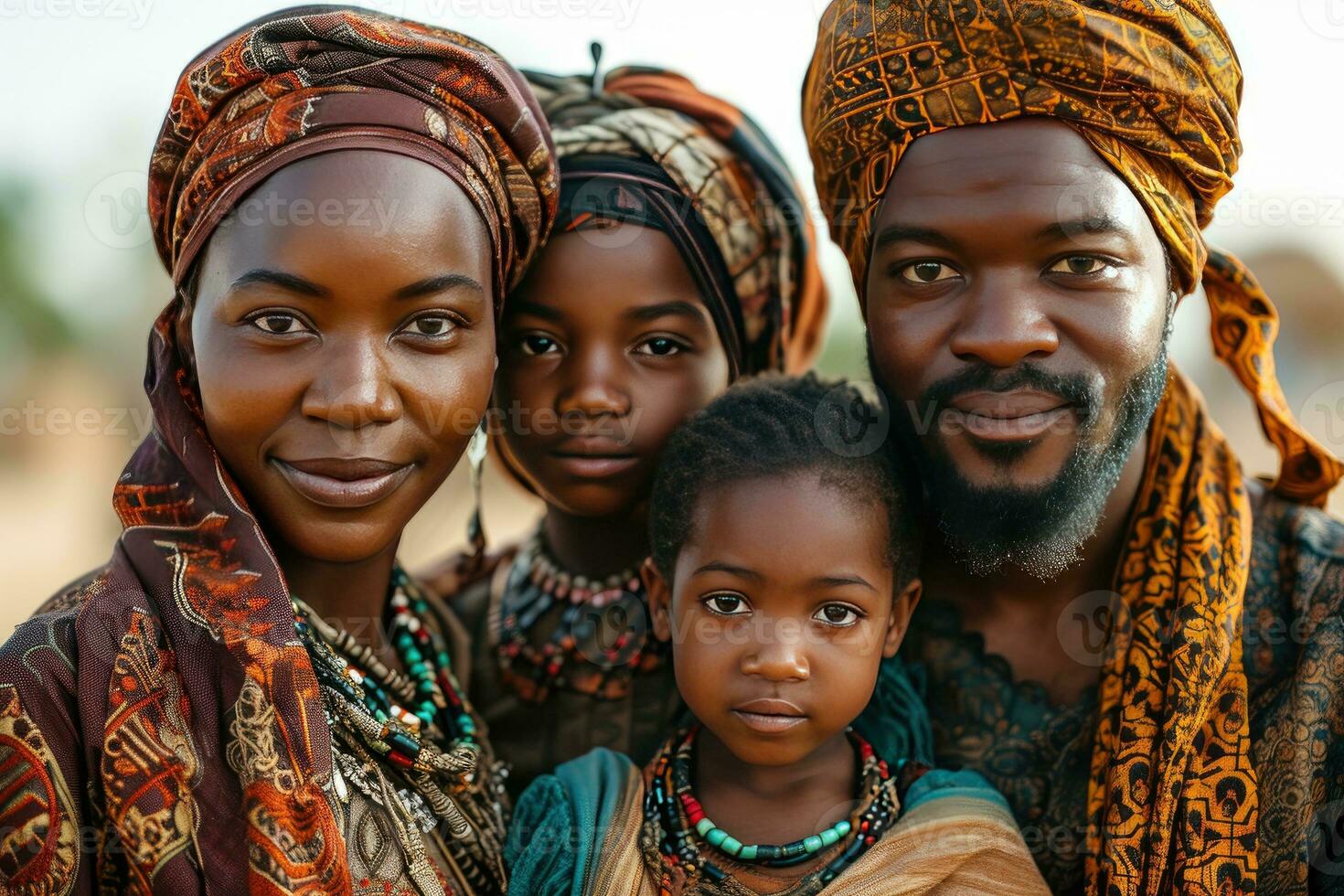 AI generated Portrait of a Happy African Muslim Family in Traditional Clothes. Generative AI photo