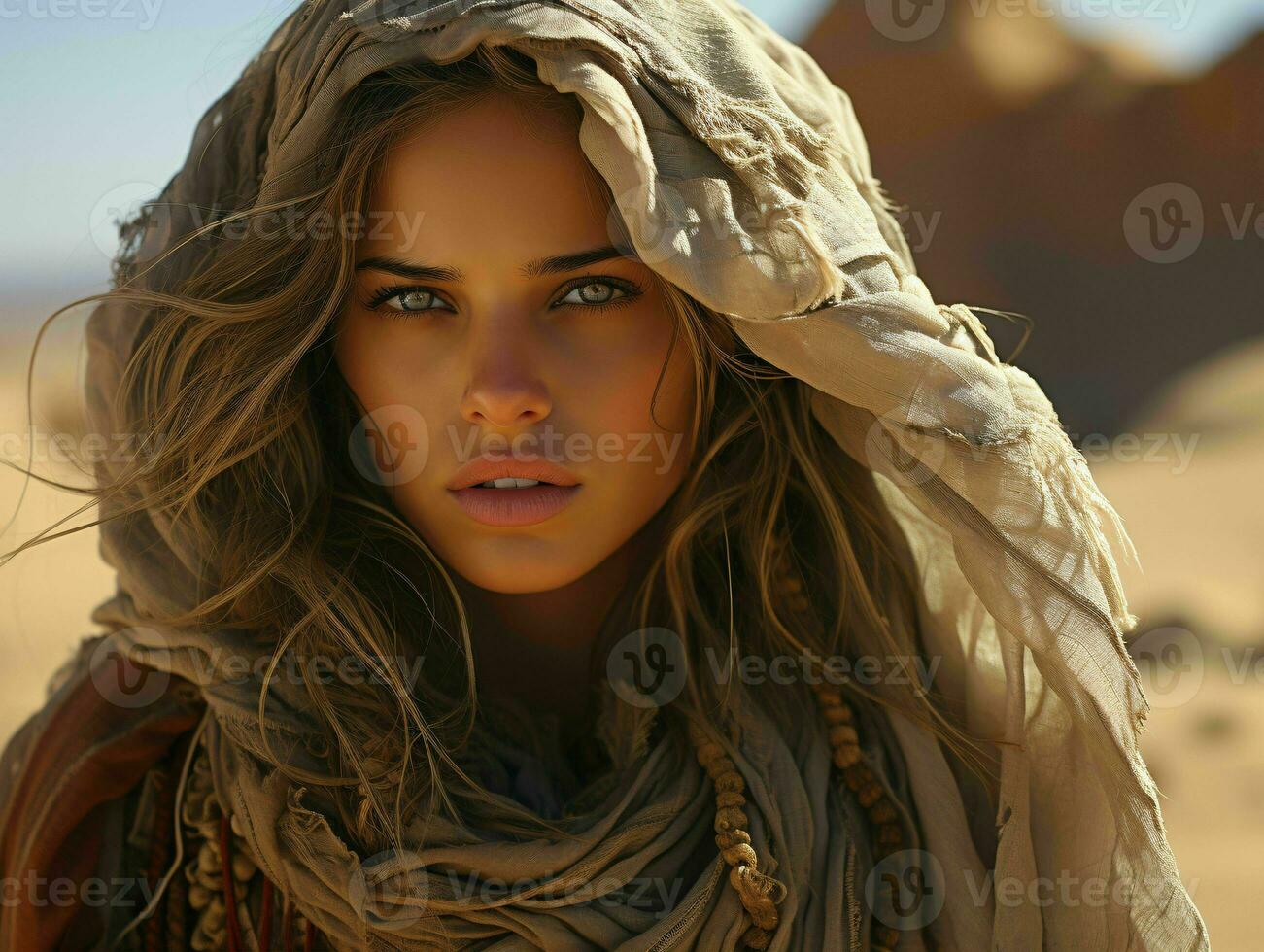 AI generated Portrait of Beautiful Veiled Arab Women with Desert Background. Close up of Middle Eastern Women with Beautiful Eyes. Generative AI photo